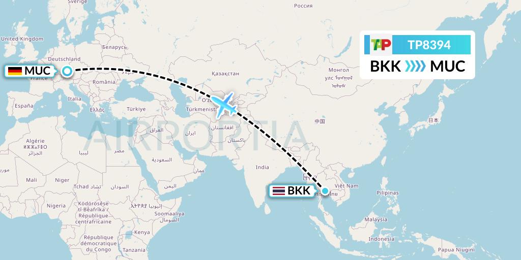 TP8394 TAP Portugal Flight Map: Bangkok to Munich