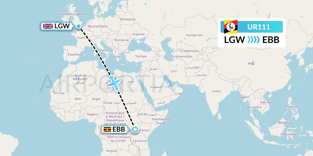 UR111 Uganda Airlines Flight Map: London to Entebbe