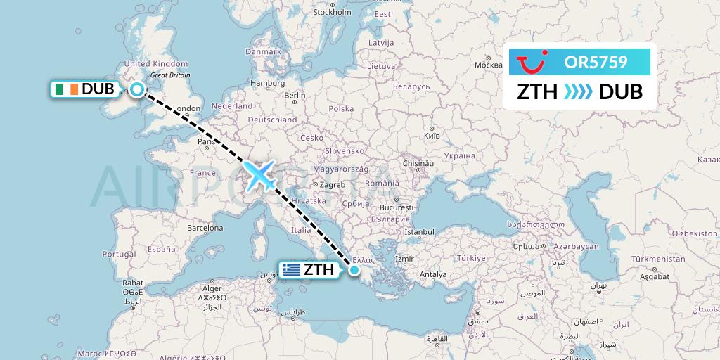 OR5759 TUI fly Netherlands Flight Map: Zakynthos to Dublin