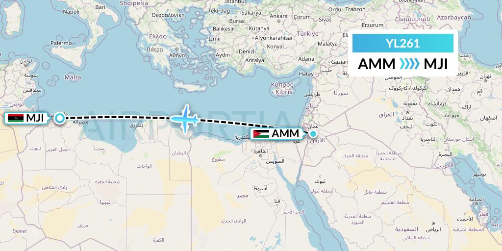 YL261 Libyan Wings Flight Map: Amman to Tripoli