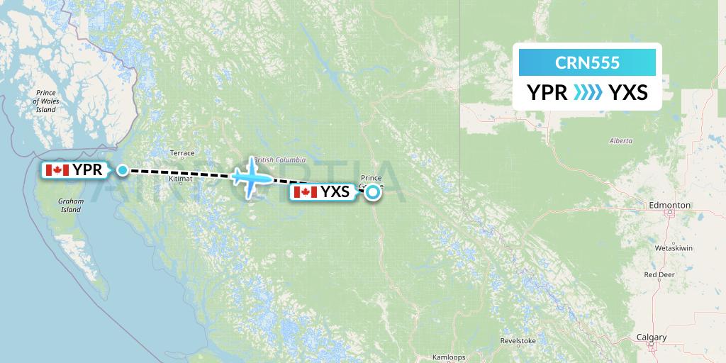 CRN555 Aerocaribbean Flight Map: Prince Rupert to Prince George