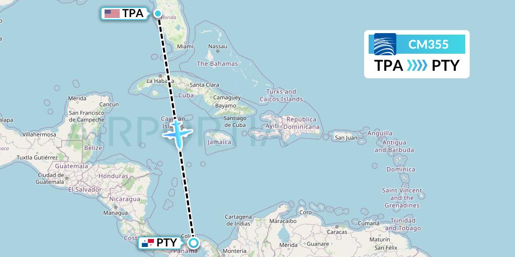 CM355 Copa Airlines Flight Map: Tampa to Panama City