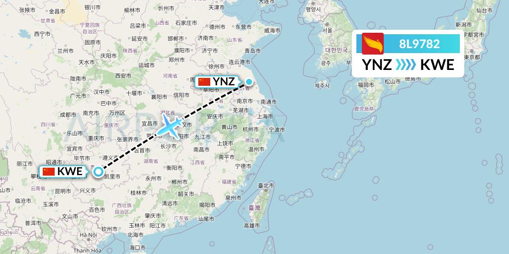 8L9782 Lucky Air Flight Map: Yancheng to Guiyang