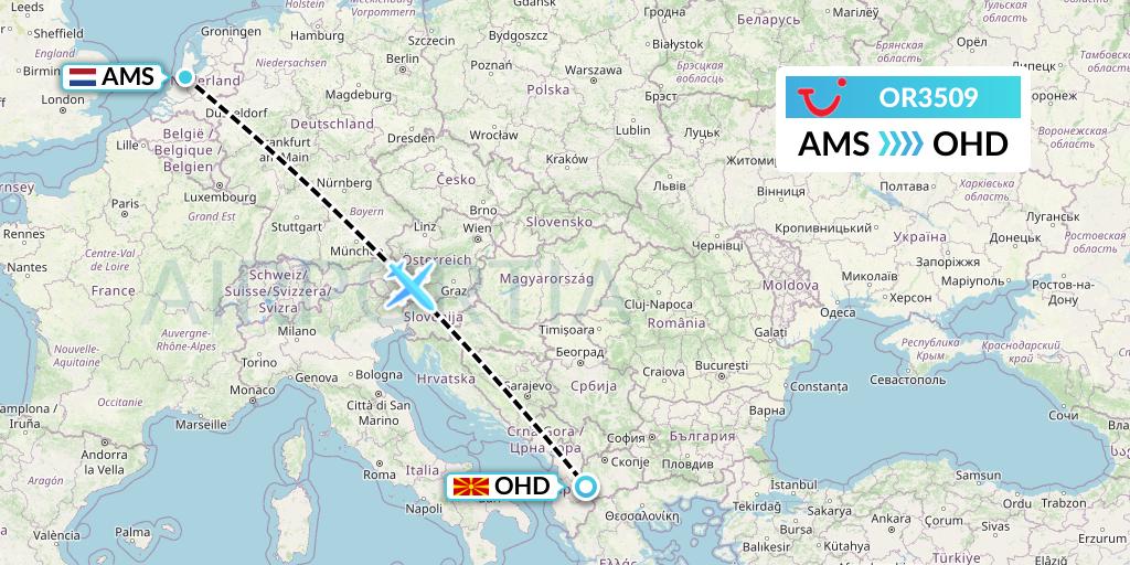 OR3509 TUI fly Netherlands Flight Map: Amsterdam to Ohrid