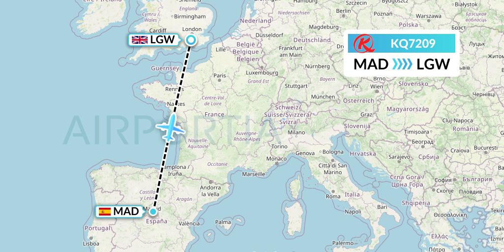 KQ7209 Kenya Airways Flight Map: Madrid to London