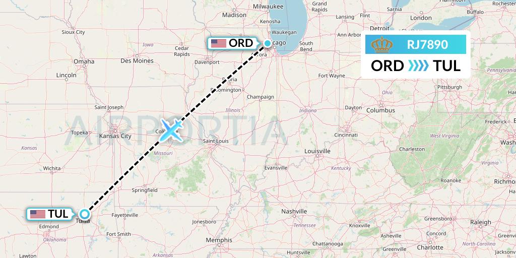 RJ7890 Royal Jordanian Flight Map: Chicago to Tulsa