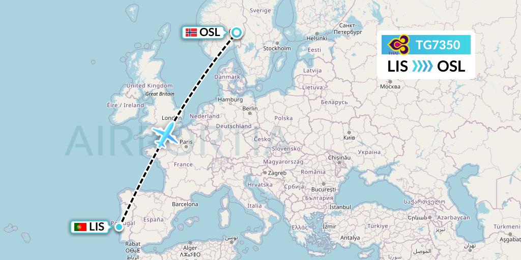 TG7350 Thai Airways Flight Map: Lisbon to Oslo