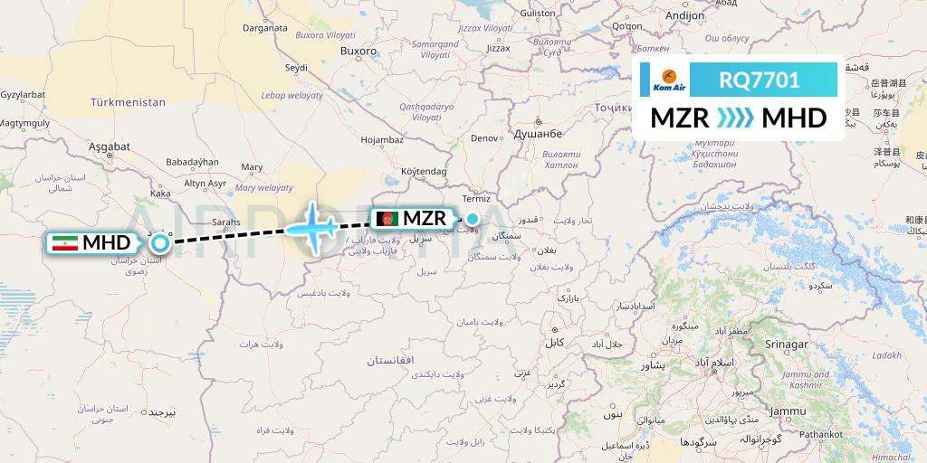 RQ7701 Kam Air Flight Map: Mazar-I-Sharif to Mashhad