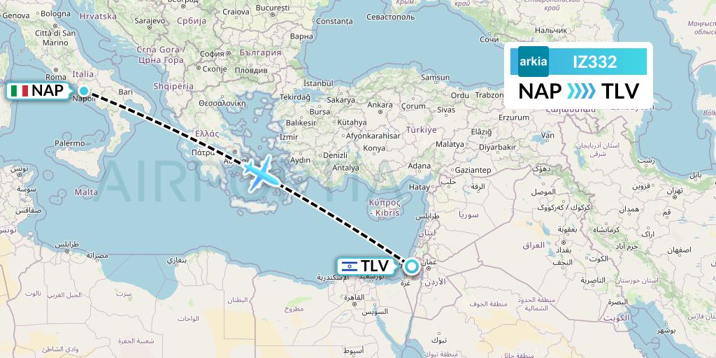 IZ332 Arkia Israeli Airlines Flight Map: Naples to Tel Aviv