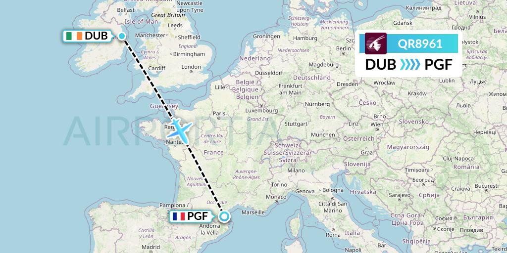 QR8961 Qatar Airways Flight Map: Dublin to Perpignan