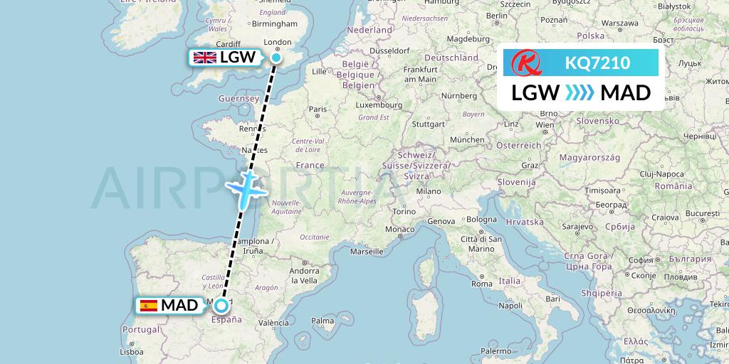 KQ7210 Kenya Airways Flight Map: London to Madrid