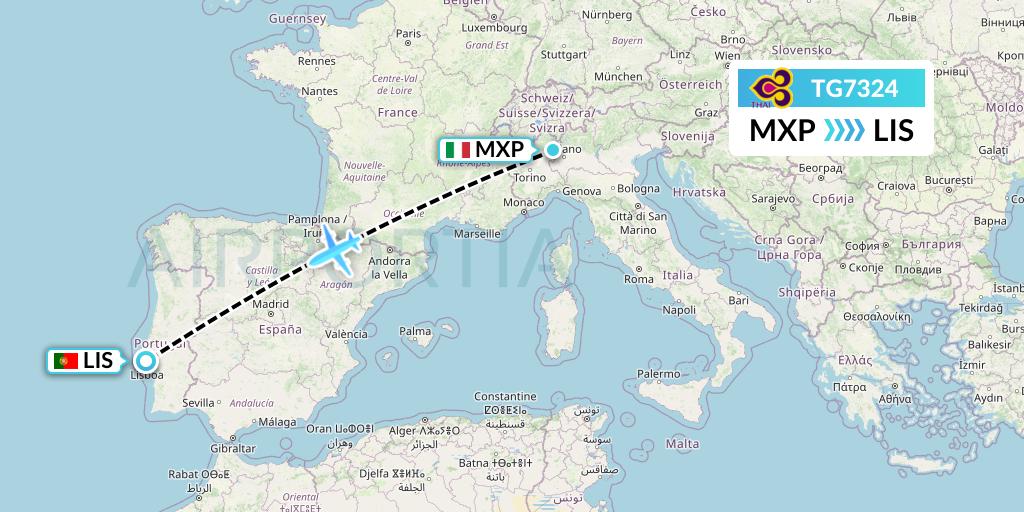 TG7324 Thai Airways Flight Map: Milan to Lisbon