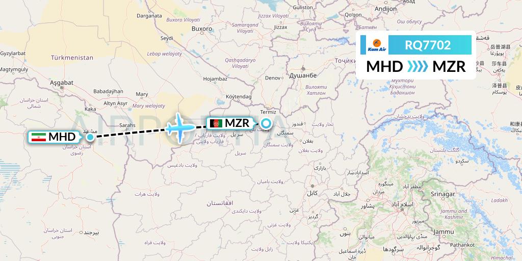 RQ7702 Kam Air Flight Map: Mashhad to Mazar-I-Sharif
