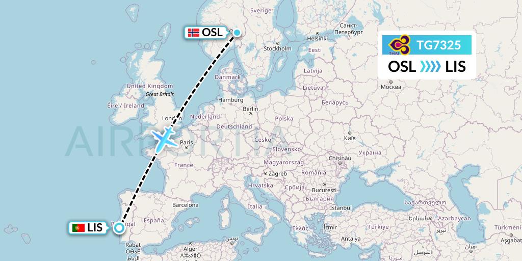 TG7325 Thai Airways Flight Map: Oslo to Lisbon