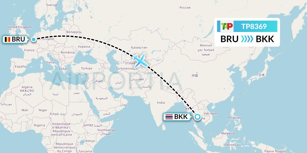 TP8369 TAP Portugal Flight Map: Brussels to Bangkok