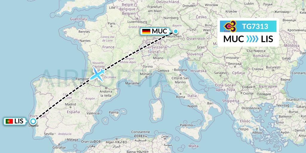 TG7313 Thai Airways Flight Map: Munich to Lisbon