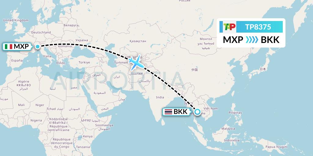 TP8375 TAP Portugal Flight Map: Milan to Bangkok