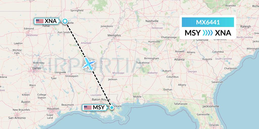 MX6441 Breeze Airways Flight Map: New Orleans to Bentonville