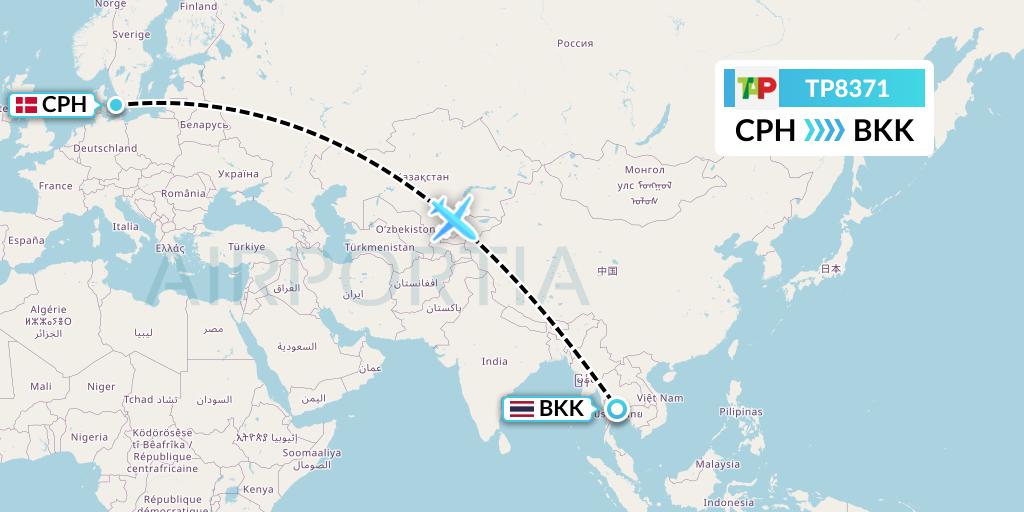 TP8371 TAP Portugal Flight Map: Copenhagen to Bangkok