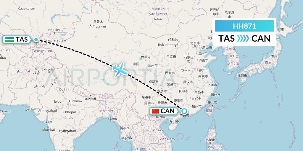 HH871 Qanot Sharq Flight Map: Tashkent to Guangzhou