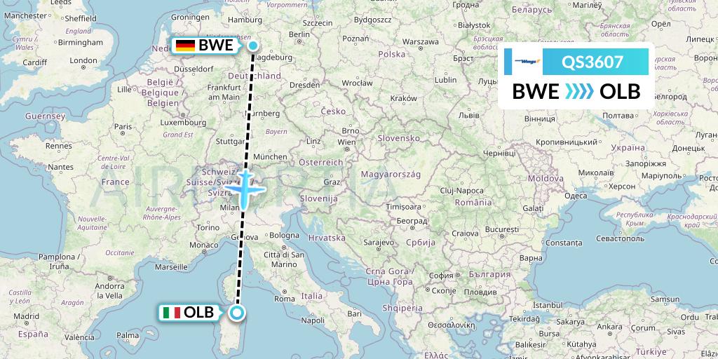 QS3607 Smartwings Flight Map: Braunschweig to Olbia