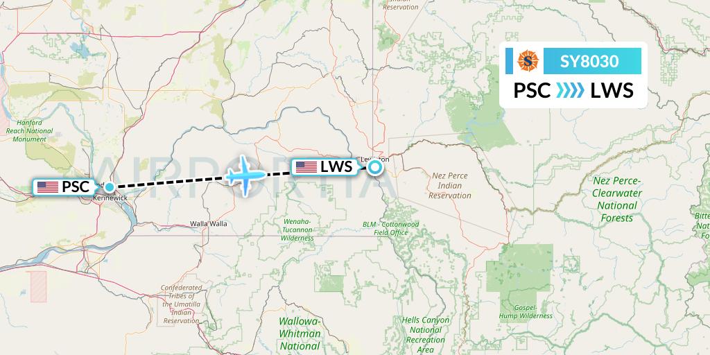 SY8030 Sun Country Airlines Flight Map: Pasco to Lewiston