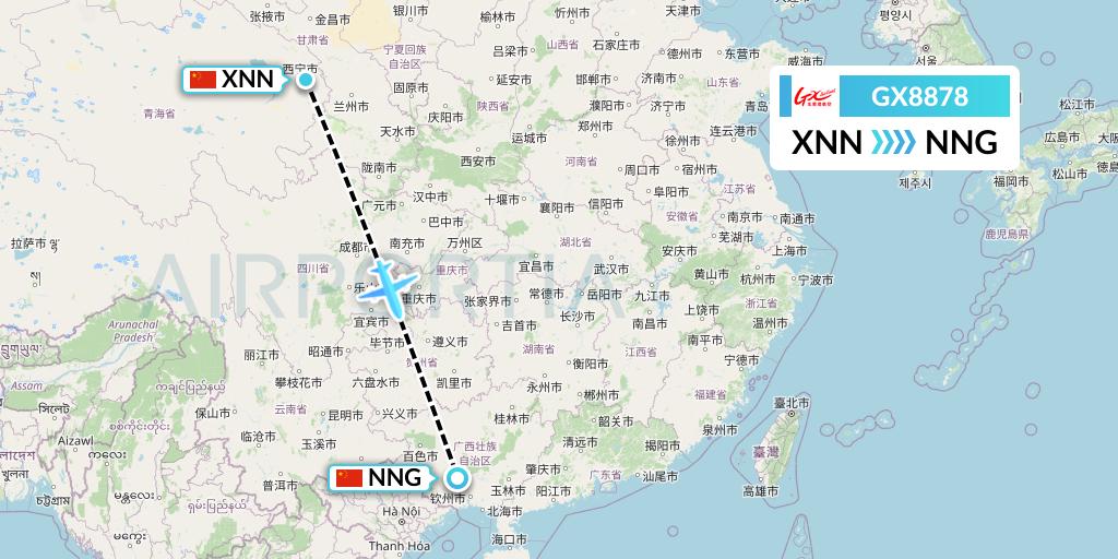 GX8878 GX Airlines Flight Map: Xining to Nanning