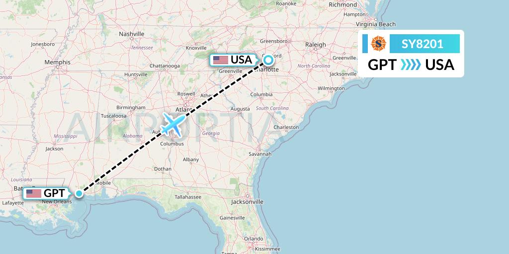 SY8201 Sun Country Airlines Flight Map: Gulfport to Concord