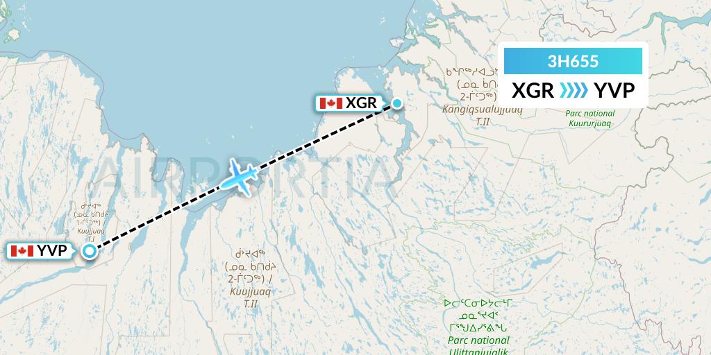 3H655 Air Inuit Flight Map: Kangiqsualujjuaq to Kuujjuaq