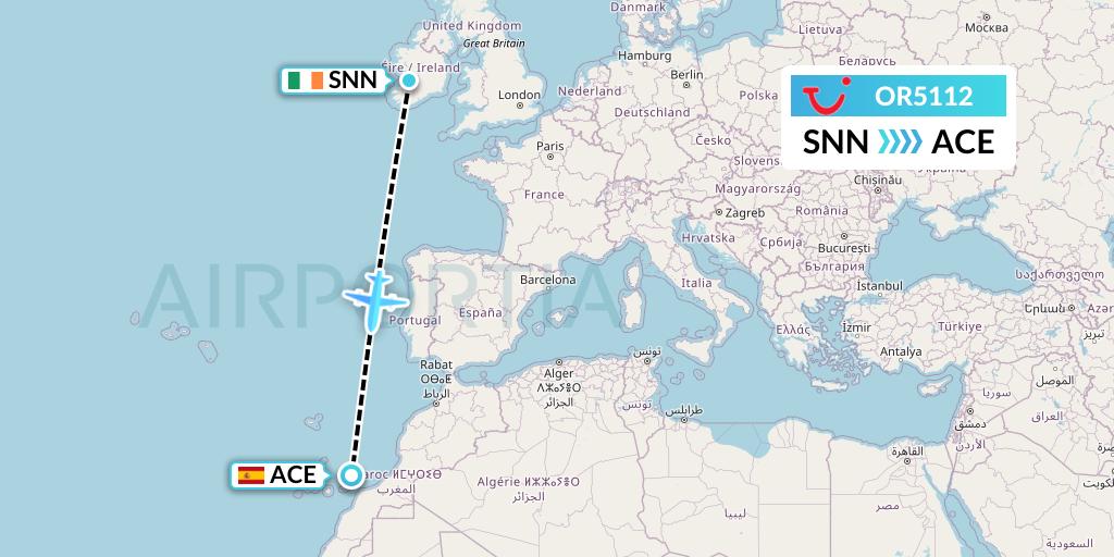 OR5112 TUI fly Netherlands Flight Map: Shannon to Lanzarote