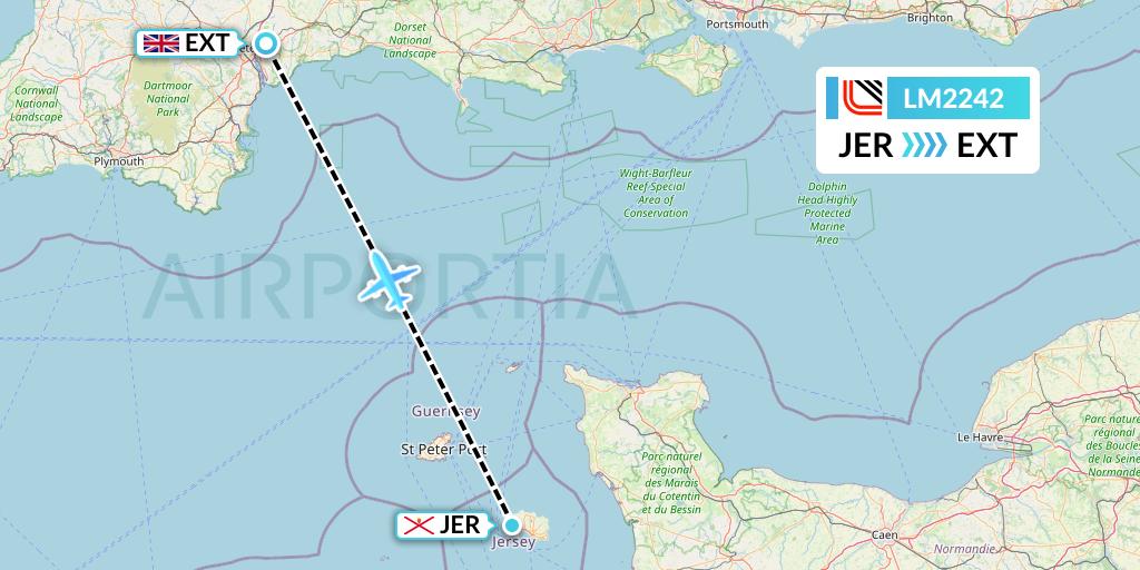 LM2242 Loganair Flight Map: Jersey to Exeter