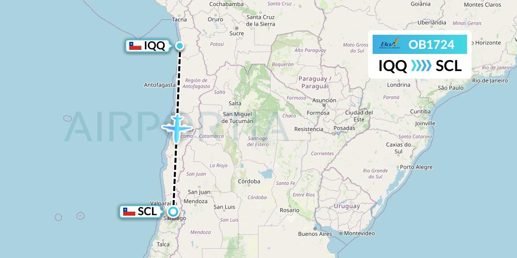 OB1724 Boliviana de Aviacion Flight Map: Iquique to Santiago