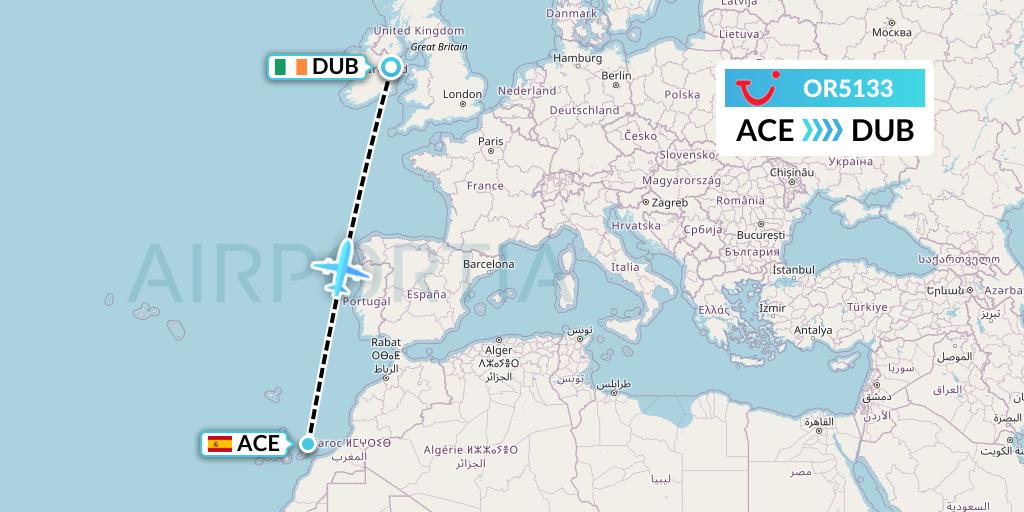 OR5133 TUI fly Netherlands Flight Map: Lanzarote to Dublin