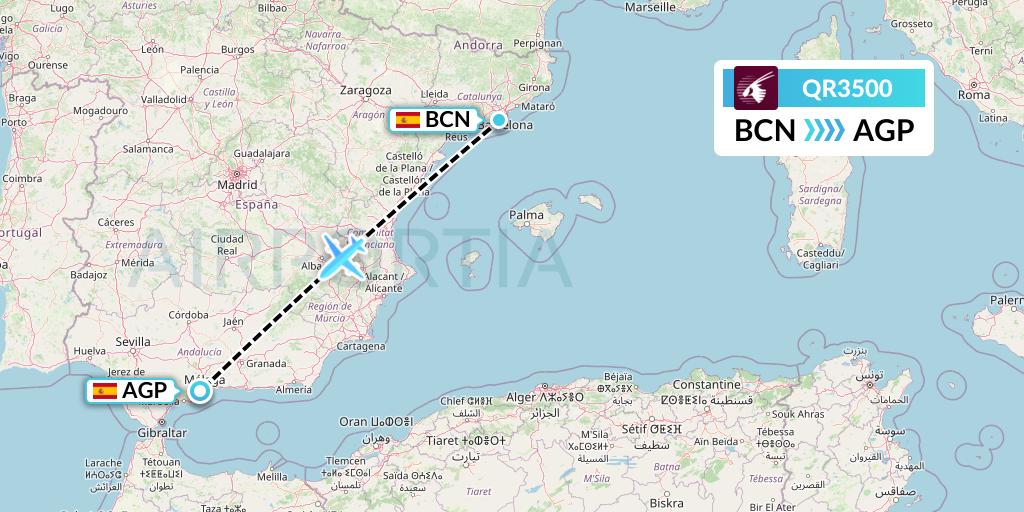 QR3500 Qatar Airways Flight Map: Barcelona to Malaga