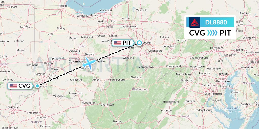 DL8880 Delta Air Lines Flight Map: Cincinnati to Pittsburgh