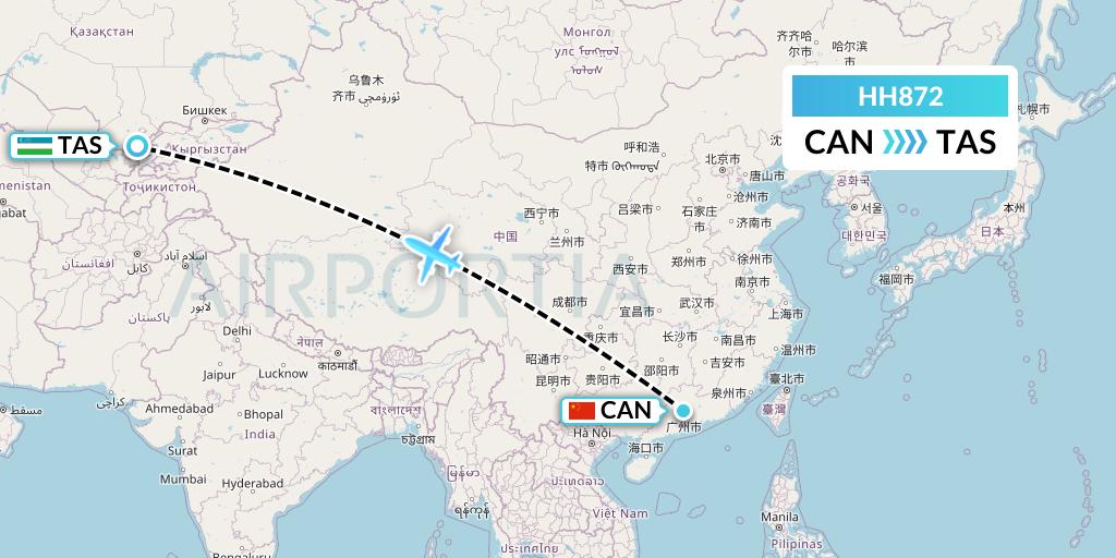 HH872 Qanot Sharq Flight Map: Guangzhou to Tashkent