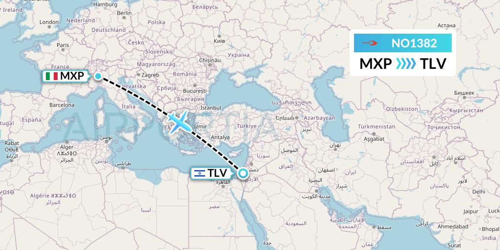 NO1382 Neos Flight Map: Milan to Tel Aviv