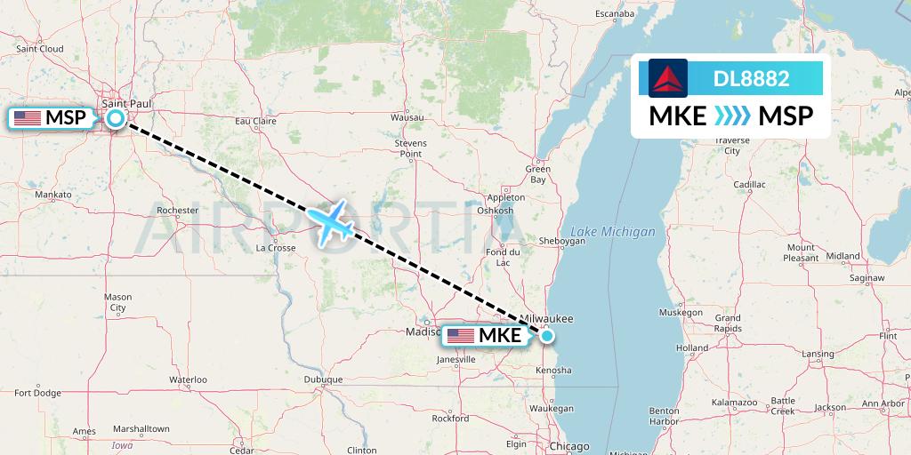 DL8882 Delta Air Lines Flight Map: Milwaukee to Minneapolis