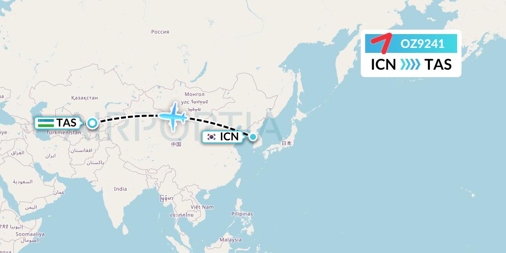 OZ9241 Asiana Airlines Flight Map: Seoul to Tashkent