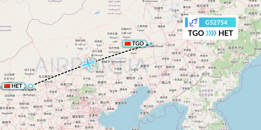 G52754 China Express Airlines Flight Map: Tongliao to Hohhot