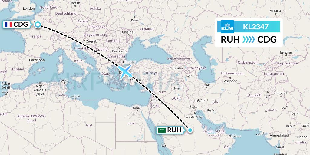 KL2347 KLM Flight Map: Riyadh to Paris