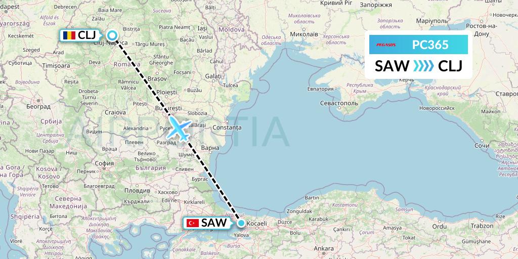 PC365 Pegasus Airlines Flight Map: Istanbul to Cluj-Napoca