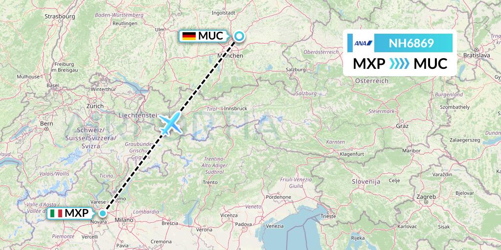 NH6869 All Nippon Airways Flight Map: Milan to Munich