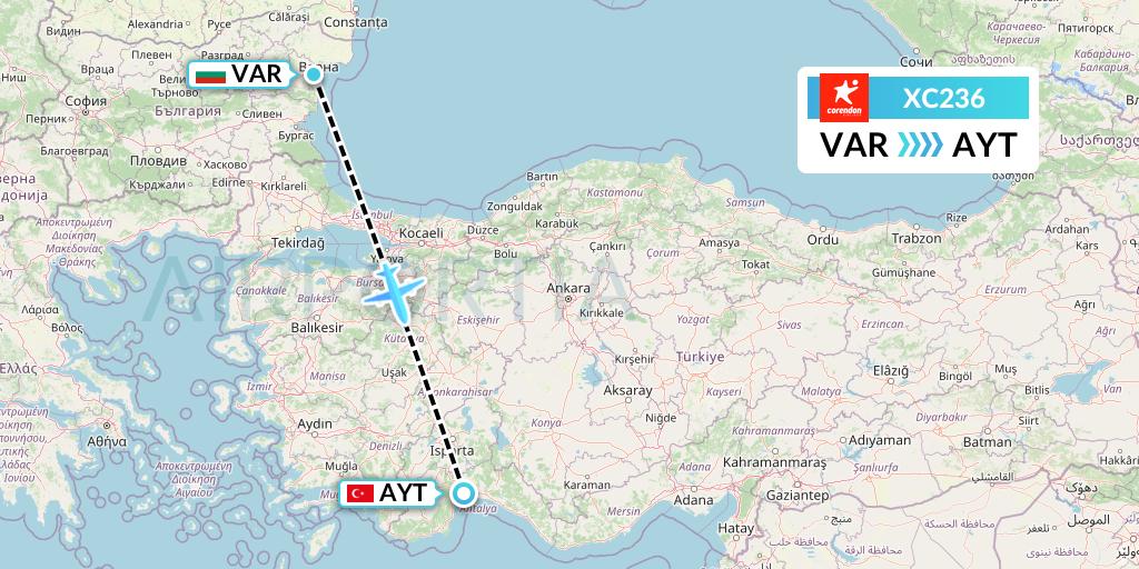 XC236 Corendon Airlines Flight Map: Varna to Antalya