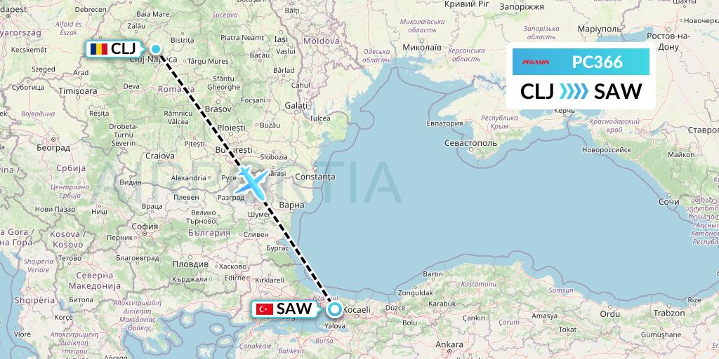 PC366 Pegasus Airlines Flight Map: Cluj-Napoca to Istanbul