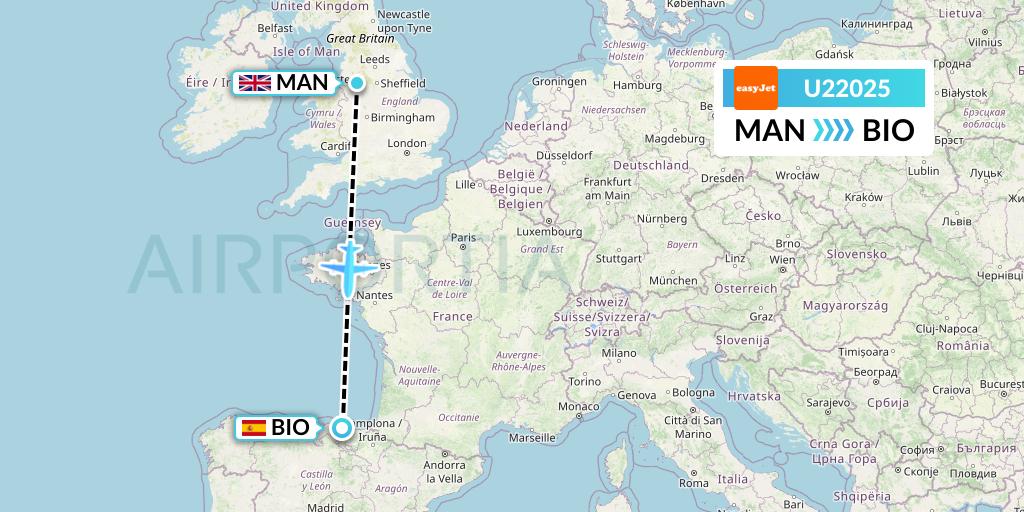 U22025 EasyJet Flight Map: Manchester to Bilbao