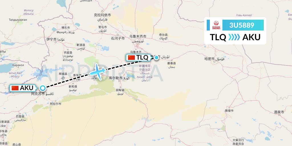 3U5889 Sichuan Airlines Flight Map: Turpan to Aksu