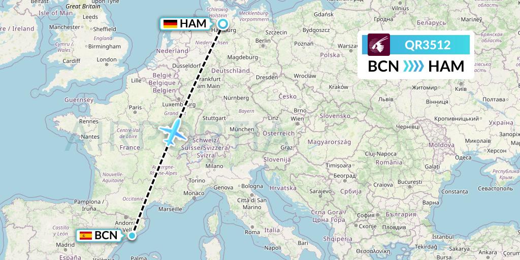 QR3512 Qatar Airways Flight Map: Barcelona to Hamburg