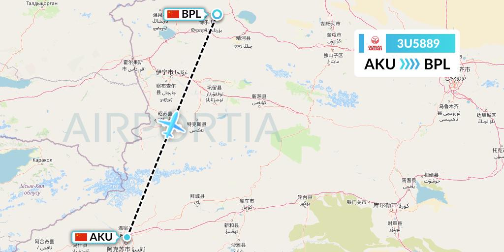 3U5889 Sichuan Airlines Flight Map: Aksu to Bole