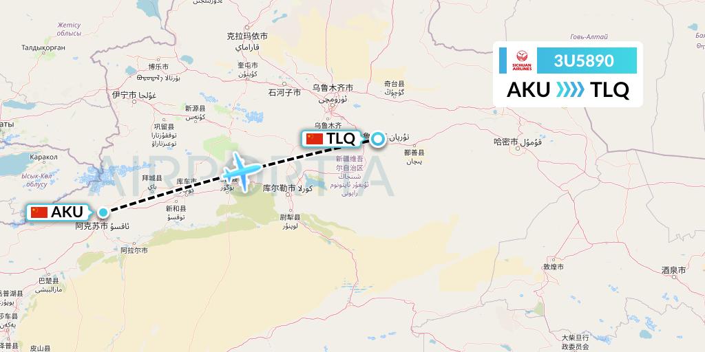3U5890 Sichuan Airlines Flight Map: Aksu to Turpan